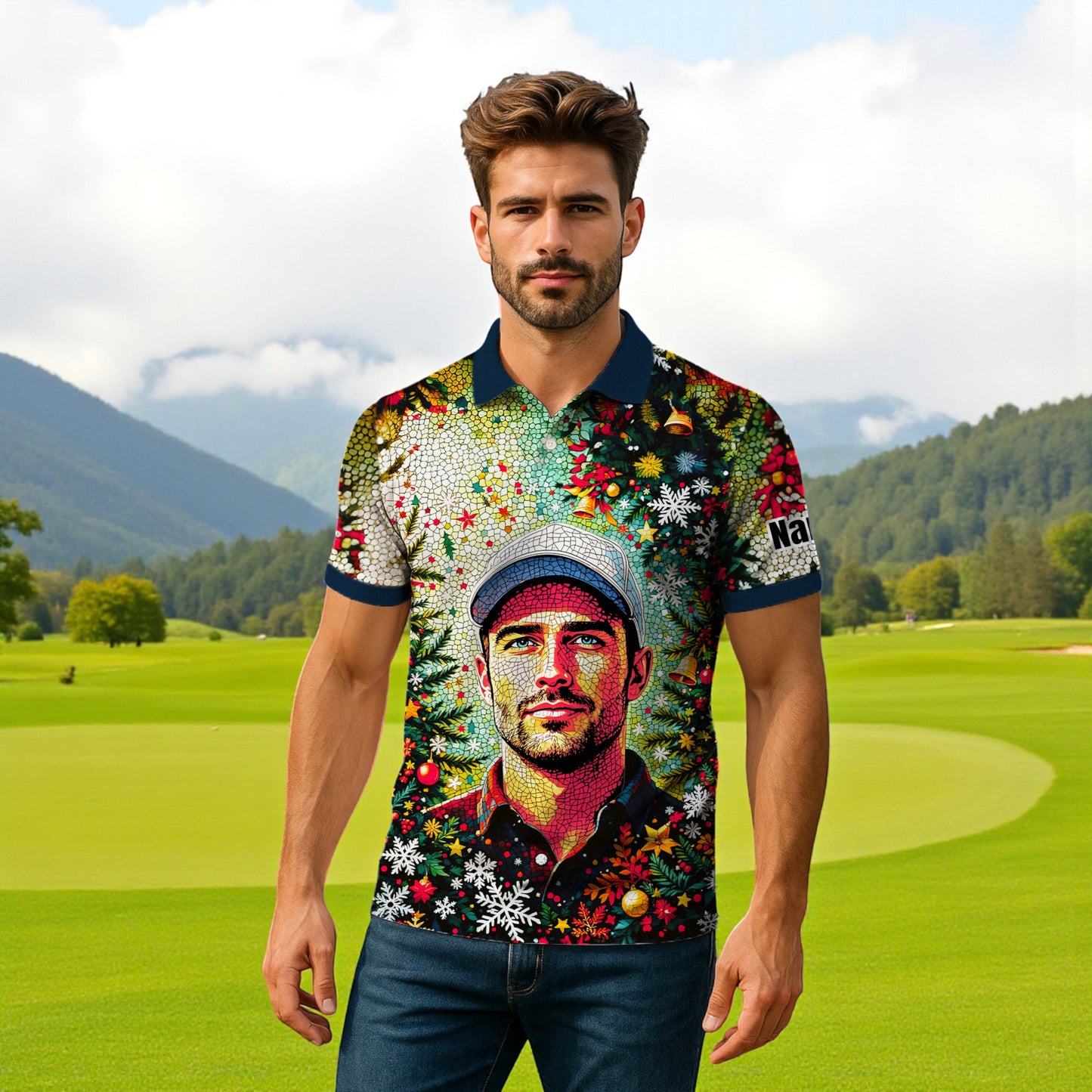 Personalized Face Golf Polo – Christmas Mosaic Design | Custom Men’s Golf Shirt Holiday Gift 2025, Style 1