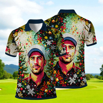 Personalized Face Golf Polo – Christmas Mosaic Design | Custom Men’s Golf Shirt Holiday Gift 2025, Style 1