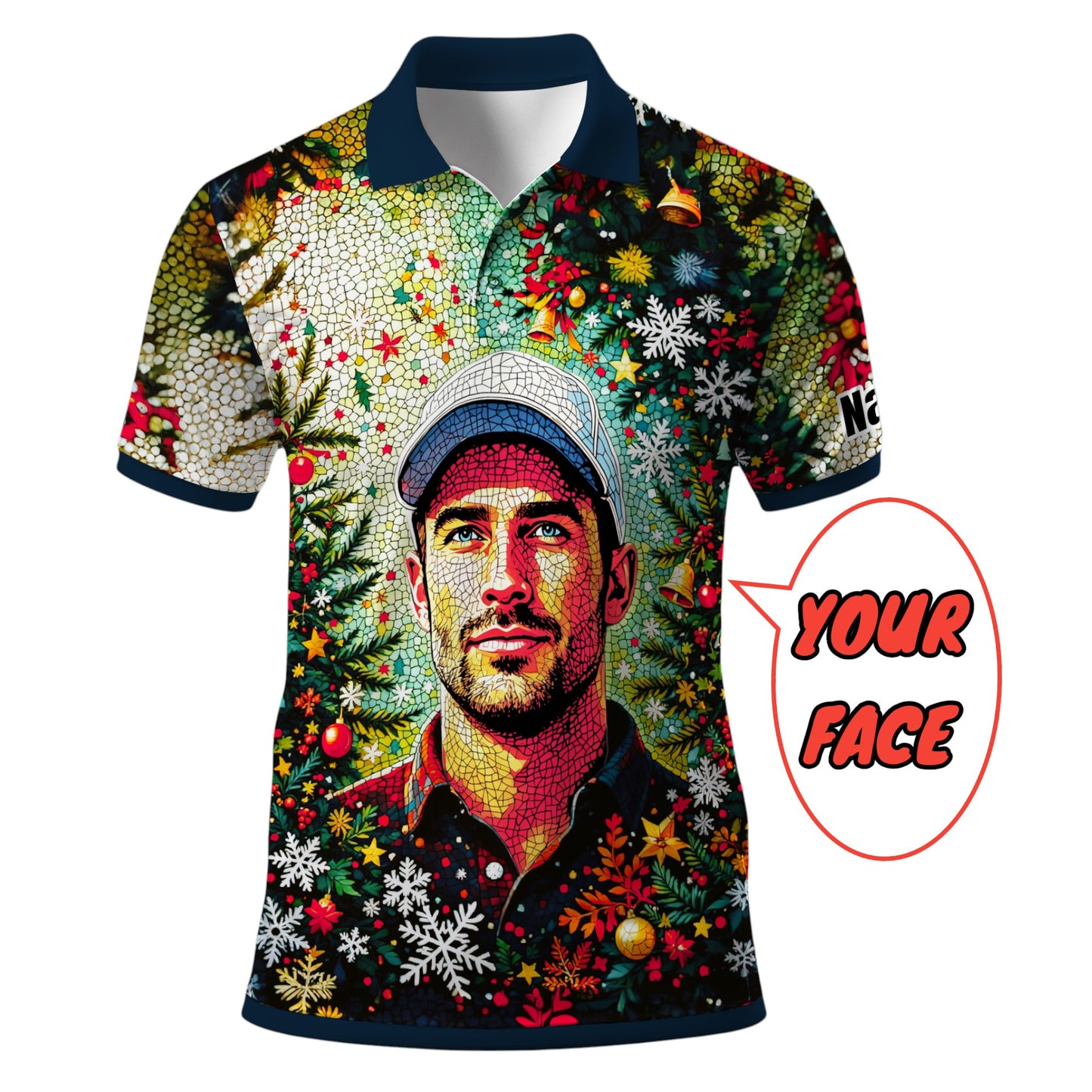 Personalized Face Golf Polo – Christmas Mosaic Design | Custom Men’s Golf Shirt Holiday Gift 2025, Style 1