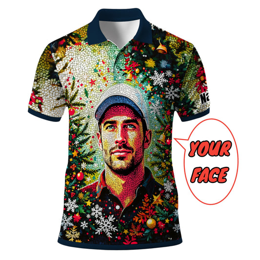 Personalized Face Golf Polo – Christmas Mosaic Design | Custom Men’s Golf Shirt Holiday Gift 2025, Style 1