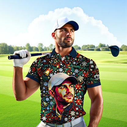 Personalized Face Golf Polo – Christmas Mosaic Design | Custom Men’s Golf Shirt Holiday Gift 2025, Style 2