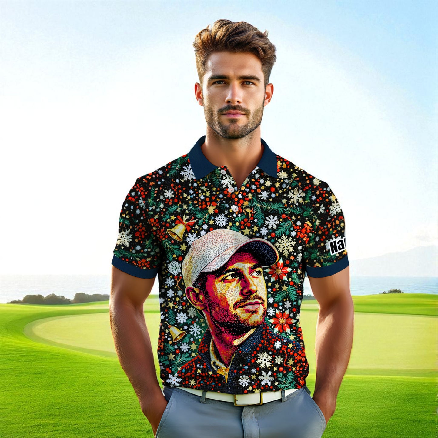 Personalized Face Golf Polo – Christmas Mosaic Design | Custom Men’s Golf Shirt Holiday Gift 2025, Style 2