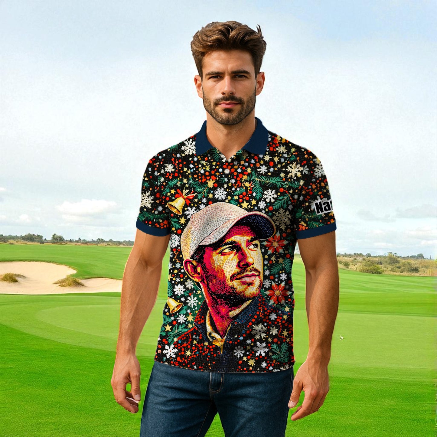 Personalized Face Golf Polo – Christmas Mosaic Design | Custom Men’s Golf Shirt Holiday Gift 2025, Style 2