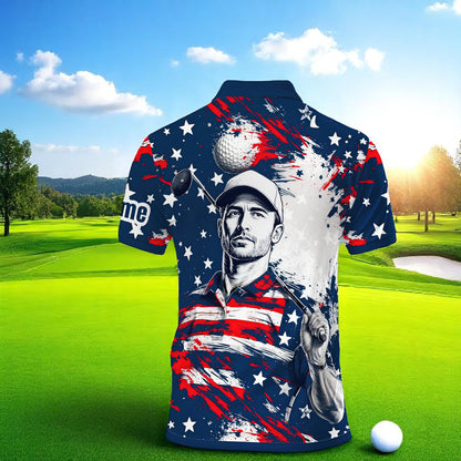HomyGifts Men's Customized Face Artistic Golf Polo Shirt, Personalized American Flag Design, Unique Gift for Patriotic Golfers Style 19