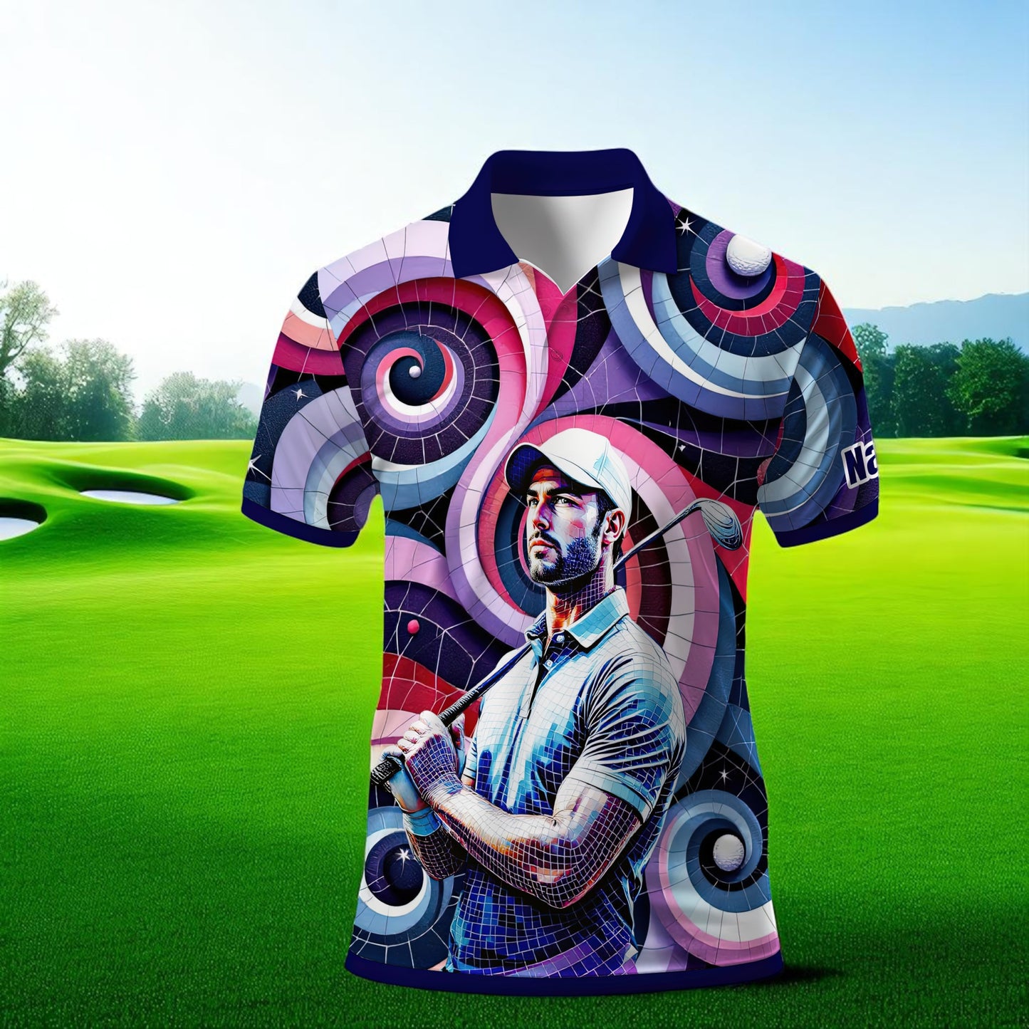 HomyGifts Men's Customized Face Artistic Golf Polo Shirt, Mosaic Art Style, Unique Personalized Golf Polo For Men Style 9
