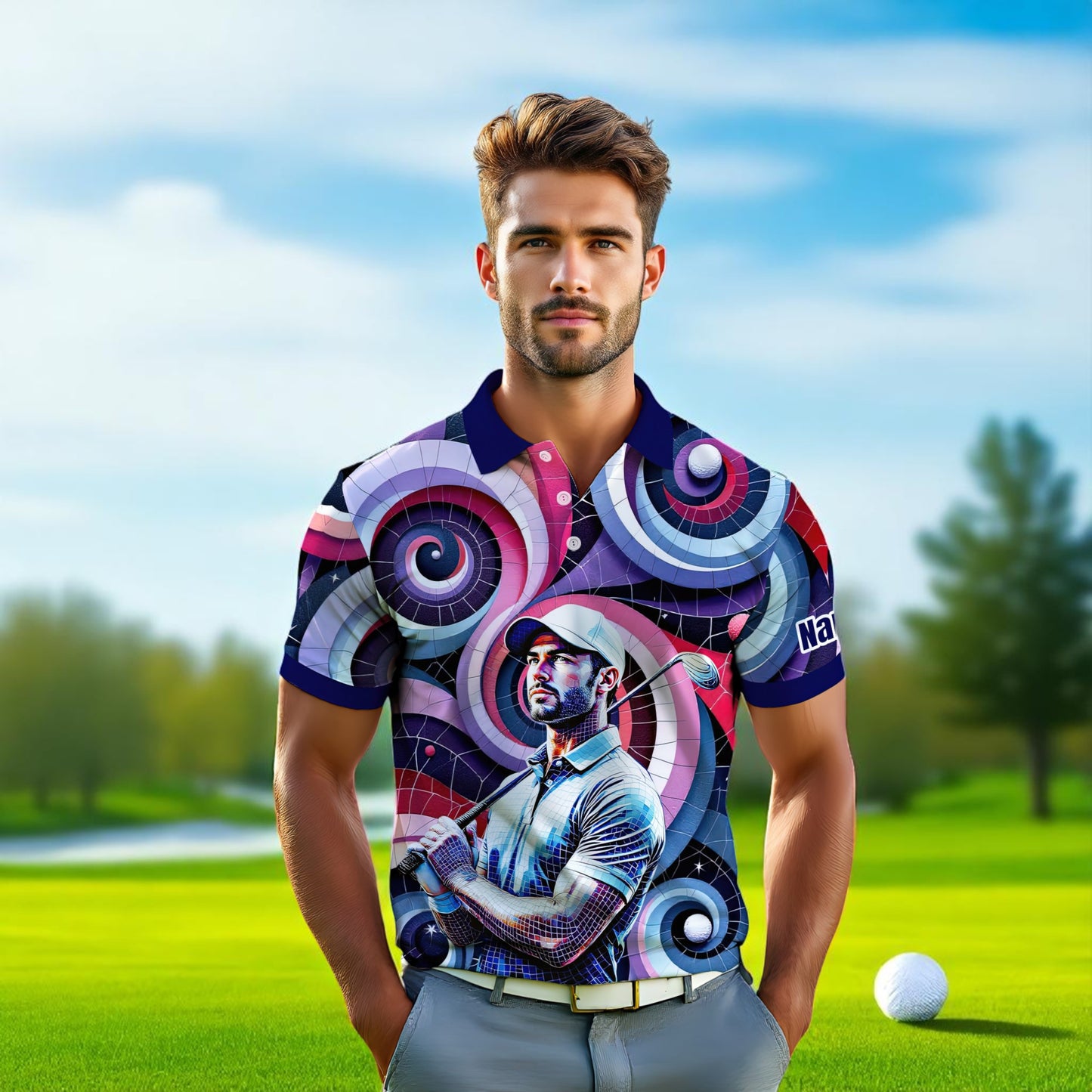 HomyGifts Men's Customized Face Artistic Golf Polo Shirt, Mosaic Art Style, Unique Personalized Golf Polo For Men Style 9