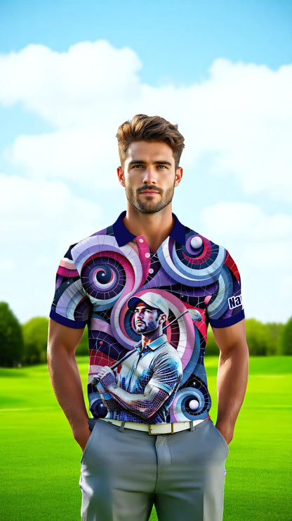 HomyGifts Men's Customized Face Artistic Golf Polo Shirt, Mosaic Art Style, Unique Personalized Golf Polo For Men Style 9