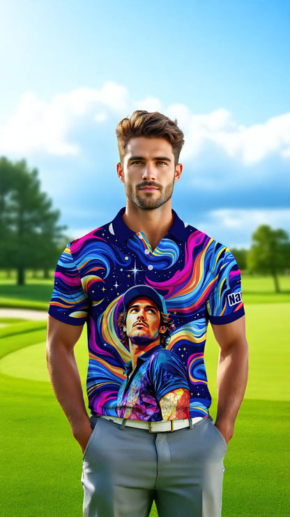 HomyGifts Men's Customized Face Artistic Golf Polo Shirt, Mosaic Art Style, Unique Personalized Golf Polo For Men Style 2