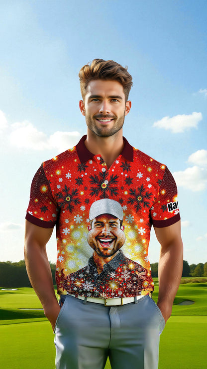 Custom Face Golf Polo Shirt – Personalized Christmas Golf Shirt for Him, Unique Holiday Gift for Golfer, Snowflake Design Golf Apparel Style 22