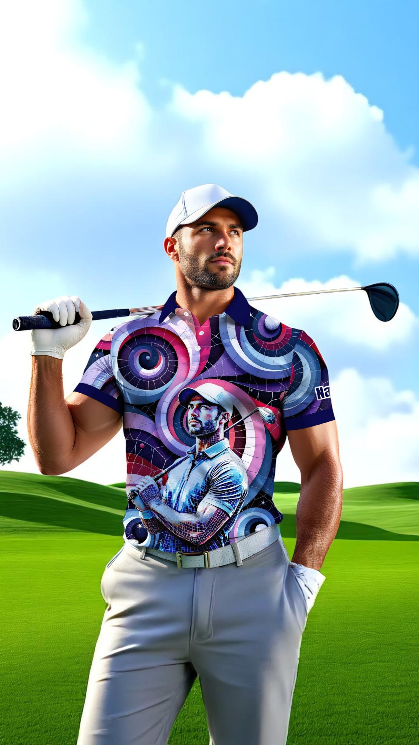 HomyGifts Men's Customized Face Artistic Golf Polo Shirt, Mosaic Art Style, Unique Personalized Golf Polo For Men Style 9