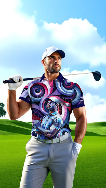 HomyGifts Men's Customized Face Artistic Golf Polo Shirt, Mosaic Art Style, Unique Personalized Golf Polo For Men Style 9