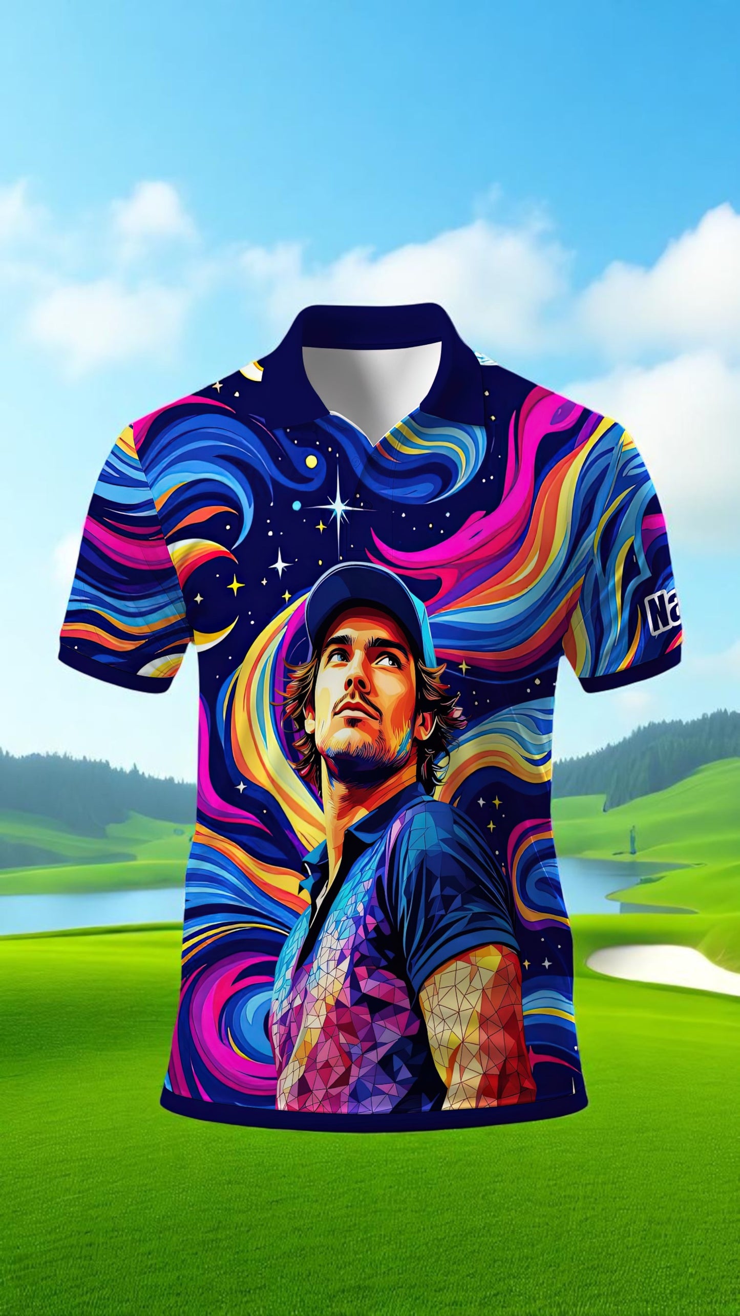 HomyGifts Men's Customized Face Artistic Golf Polo Shirt, Mosaic Art Style, Unique Personalized Golf Polo For Men Style 2