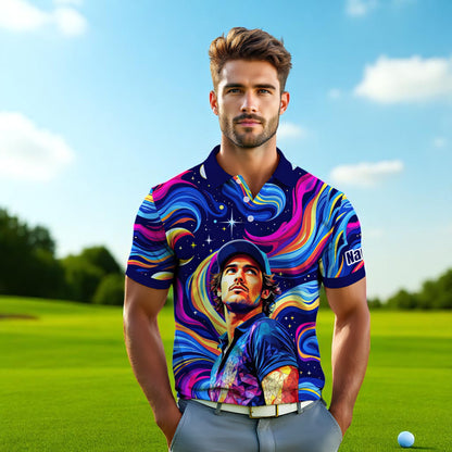 HomyGifts Men's Customized Face Artistic Golf Polo Shirt, Mosaic Art Style, Unique Personalized Golf Polo For Men Style 2