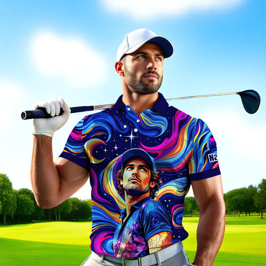 Men's Custom Face Artistic Golf Polo Shirt, Mosaic Art Style, Unique Personalized Golf Polo For Men