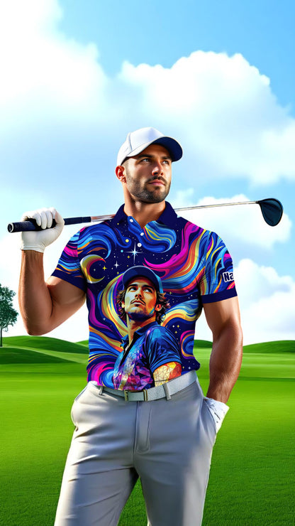HomyGifts Men's Customized Face Artistic Golf Polo Shirt, Mosaic Art Style, Unique Personalized Golf Polo For Men Style 2