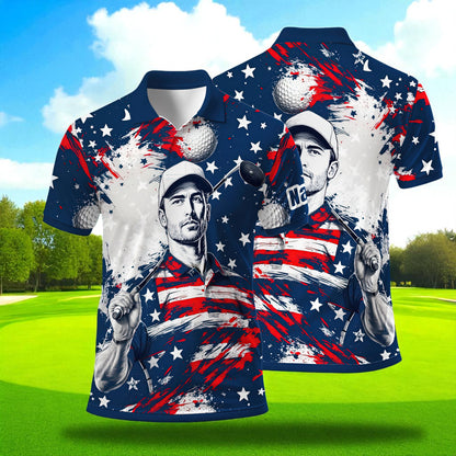 HomyGifts Men's Customized Face Artistic Golf Polo Shirt, Personalized American Flag Design, Unique Gift for Patriotic Golfers Style 19