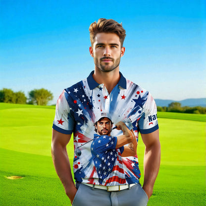 HomyGifts Men's Customized Face Artistic Golf Polo Shirt, Personalized American Flag Design, Unique Gift for Patriotic Golfers Style 16