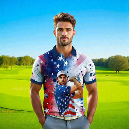 HomyGifts Men's Customized Face Artistic Golf Polo Shirt, Personalized American Flag Design, Unique Gift for Patriotic Golfers Style 17