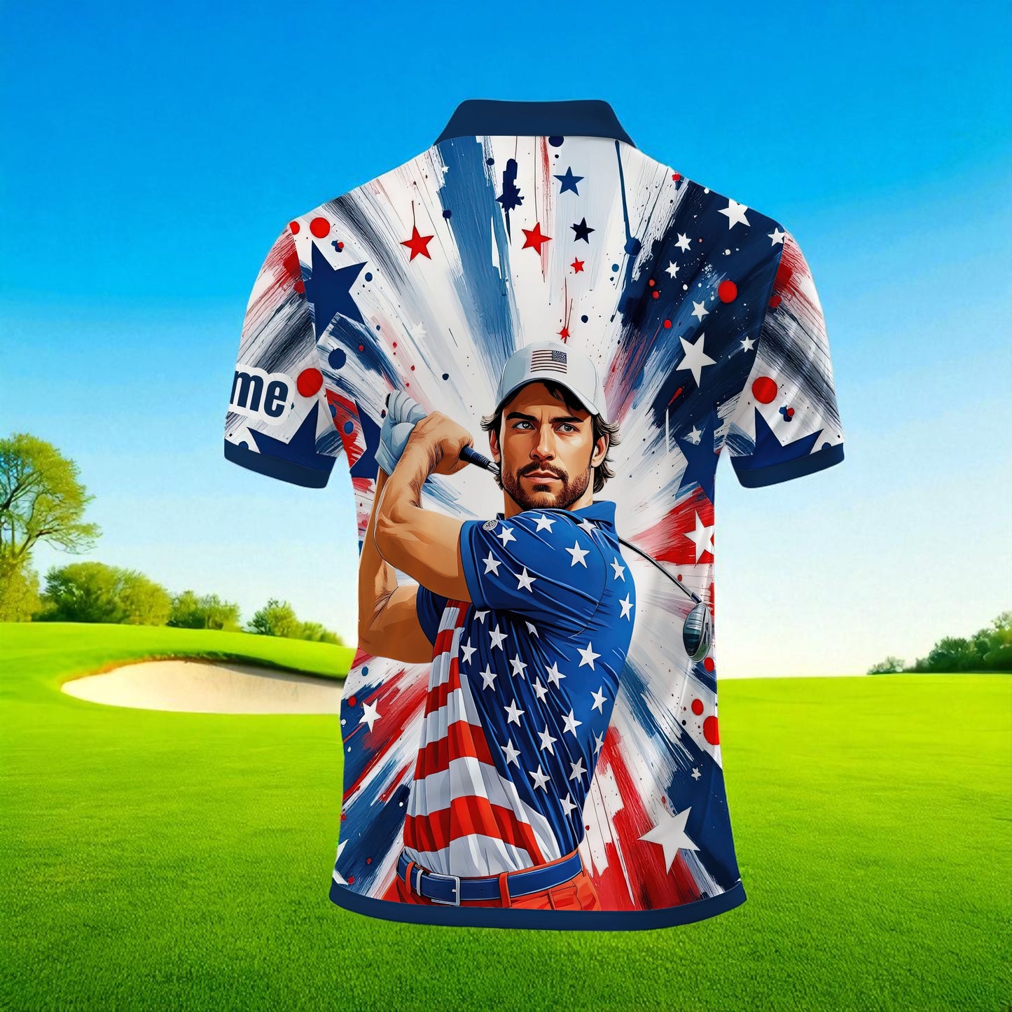 HomyGifts Men's Customized Face Artistic Golf Polo Shirt, Personalized American Flag Design, Unique Gift for Patriotic Golfers Style 16