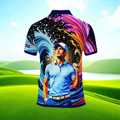 Men's Custom Face Artistic Golf Polo Shirt, Mosaic Art Style, Unique Personalized Golf Polo For Men