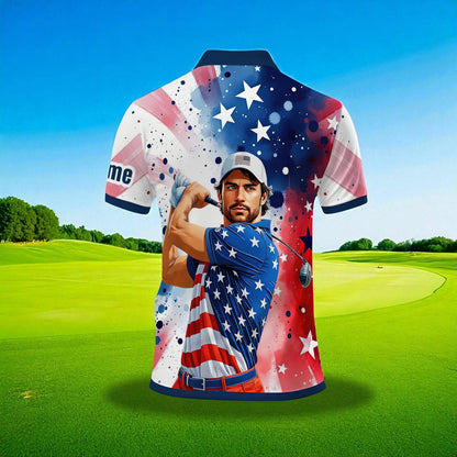 HomyGifts Men's Customized Face Artistic Golf Polo Shirt, Personalized American Flag Design, Unique Gift for Patriotic Golfers Style 17
