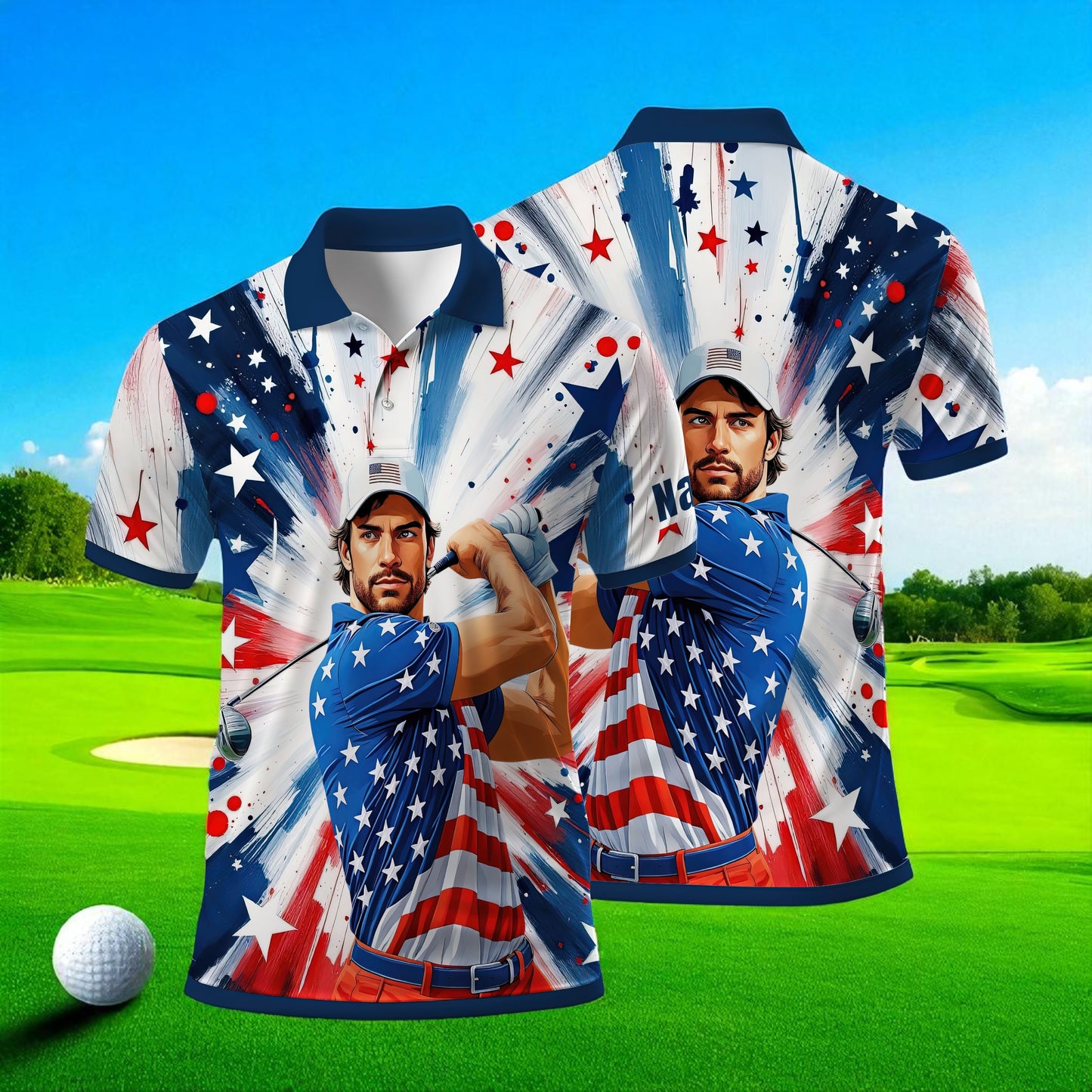 HomyGifts Men's Customized Face Artistic Golf Polo Shirt, Personalized American Flag Design, Unique Gift for Patriotic Golfers Style 16