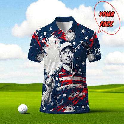 HomyGifts Men's Customized Face Artistic Golf Polo Shirt, Personalized American Flag Design, Unique Gift for Patriotic Golfers Style 19