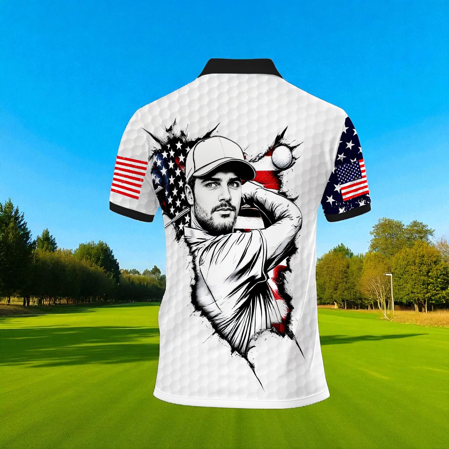 HomyGifts Men's Customized Face Artistic Golf Polo Shirt, Personalized American Flag Design, Unique Gift for Patriotic Golfers Style 30