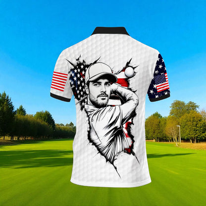 HomyGifts Men's Customized Face Artistic Golf Polo Shirt, Personalized American Flag Design, Unique Gift for Patriotic Golfers Style 30