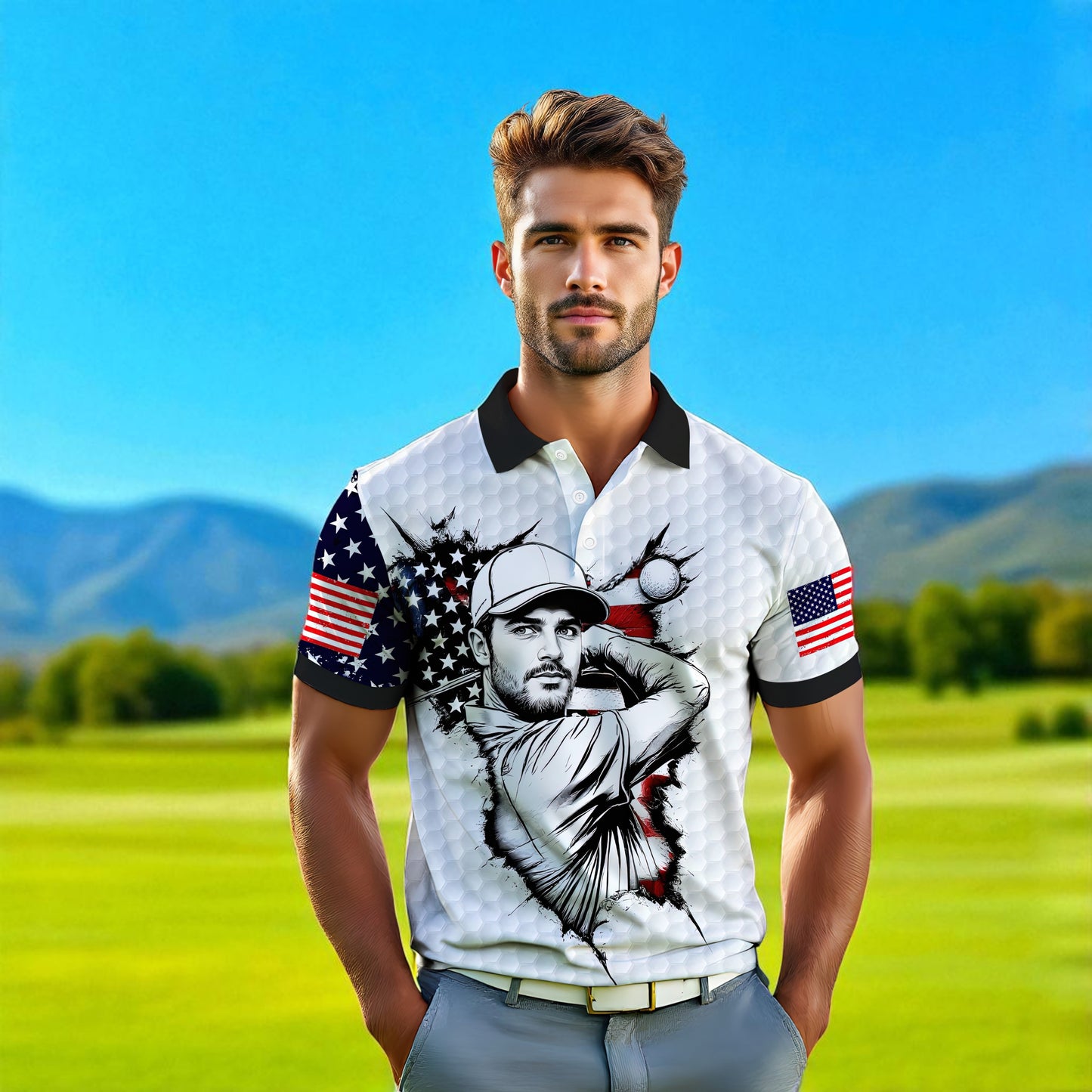 HomyGifts Men's Customized Face Artistic Golf Polo Shirt, Personalized American Flag Design, Unique Gift for Patriotic Golfers Style 30