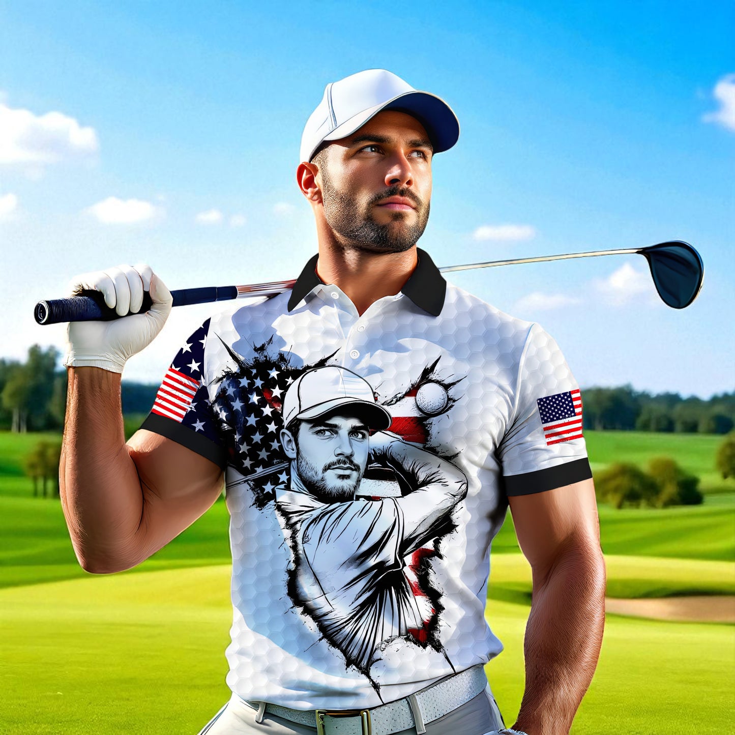 HomyGifts Men's Customized Face Artistic Golf Polo Shirt, Personalized American Flag Design, Unique Gift for Patriotic Golfers Style 30