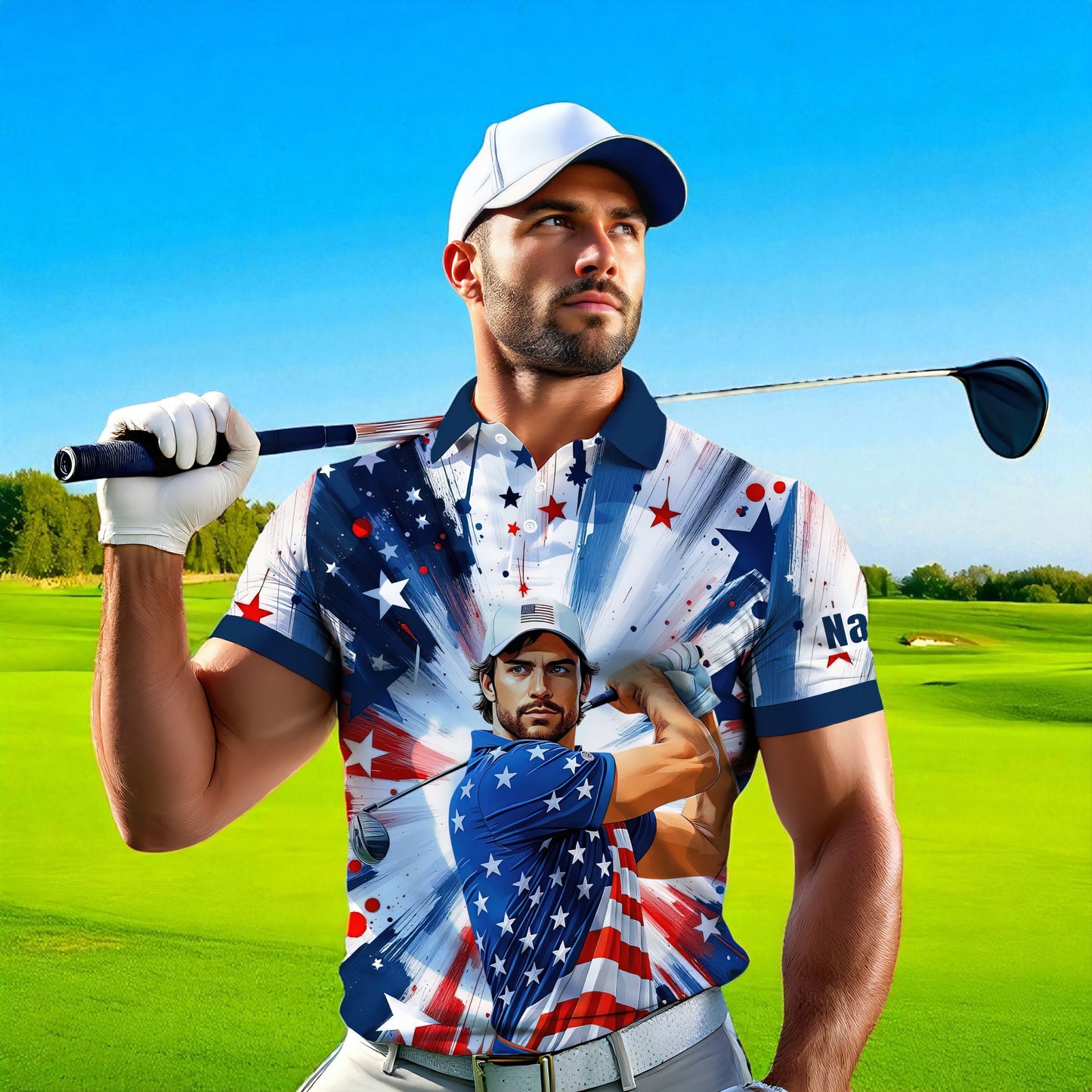 HomyGifts Men's Customized Face Artistic Golf Polo Shirt, Personalized American Flag Design, Unique Gift for Patriotic Golfers Style 16