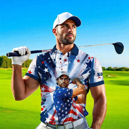 HomyGifts Men's Customized Face Artistic Golf Polo Shirt, Personalized American Flag Design, Unique Gift for Patriotic Golfers Style 16