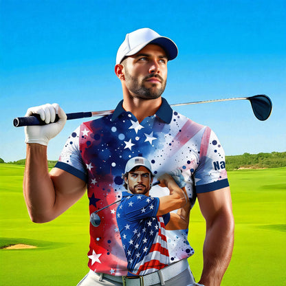 HomyGifts Men's Customized Face Artistic Golf Polo Shirt, Personalized American Flag Design, Unique Gift for Patriotic Golfers Style 17