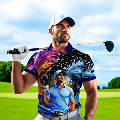 Men's Custom Face Artistic Golf Polo Shirt, Mosaic Art Style, Unique Personalized Golf Polo For Men