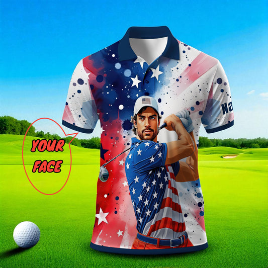 Men's Patriotic Custom Face Golf Polo Shirt - American Flag Design