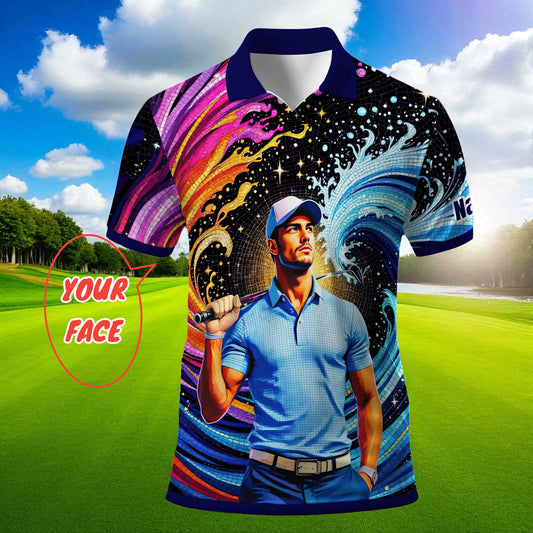 Men's Custom Face Artistic Golf Polo Shirt, Mosaic Art Style, Unique Personalized Golf Polo For Men