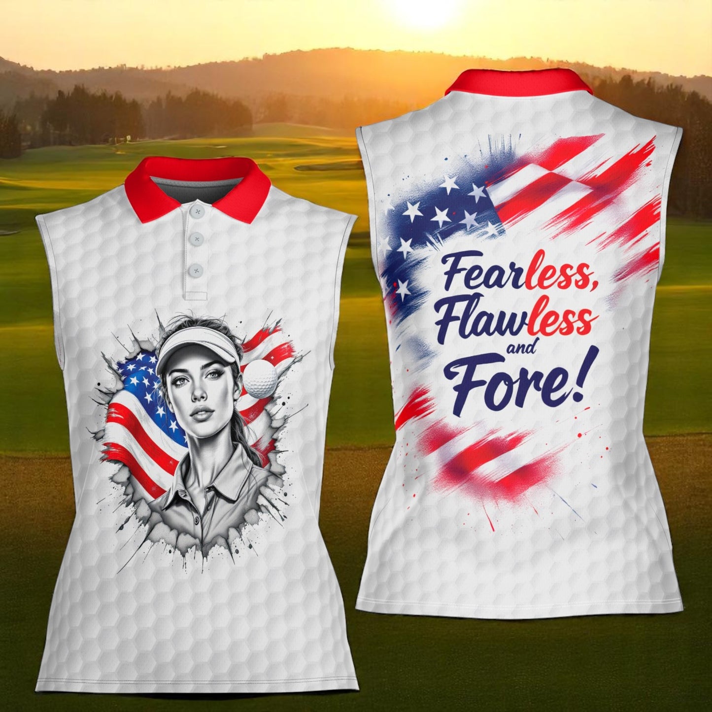 Fearless, Flawless, Fore! Women's Custom Sleeveless Golf Polo Shirt - Patriotic & Personalized Style 2