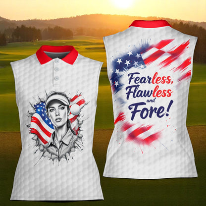 Fearless, Flawless, Fore! Women's Custom Sleeveless Golf Polo Shirt - Patriotic & Personalized Style 2