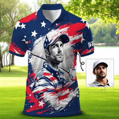 HomyGifts Men's Customized Face Artistic Golf Polo Shirt, Personalized American Flag Design, Unique Gift for Patriotic Golfers Style 13