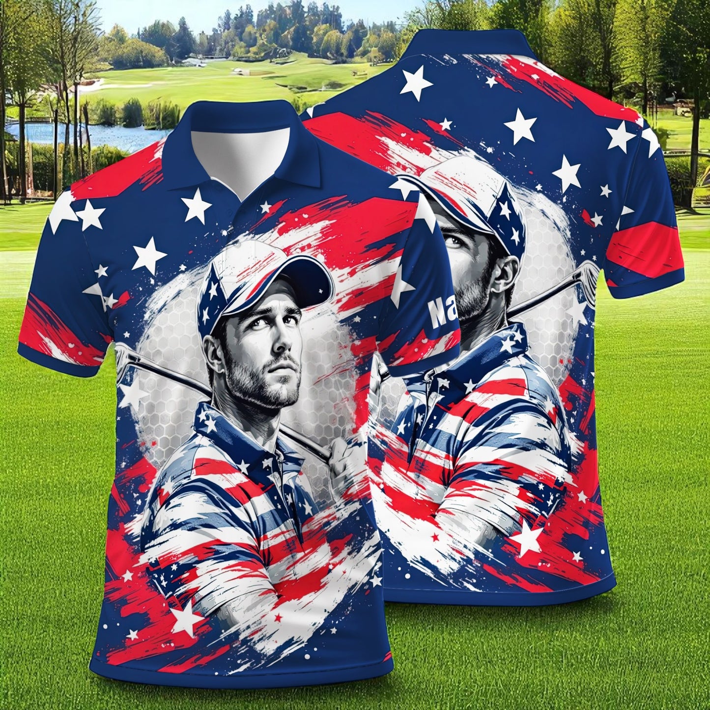 HomyGifts Men's Customized Face Artistic Golf Polo Shirt, Personalized American Flag Design, Unique Gift for Patriotic Golfers Style 13