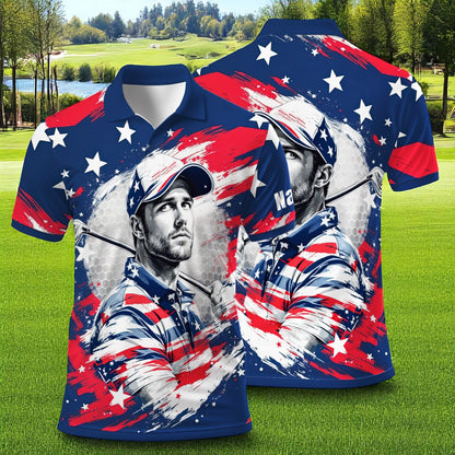 HomyGifts Men's Customized Face Artistic Golf Polo Shirt, Personalized American Flag Design, Unique Gift for Patriotic Golfers Style 13