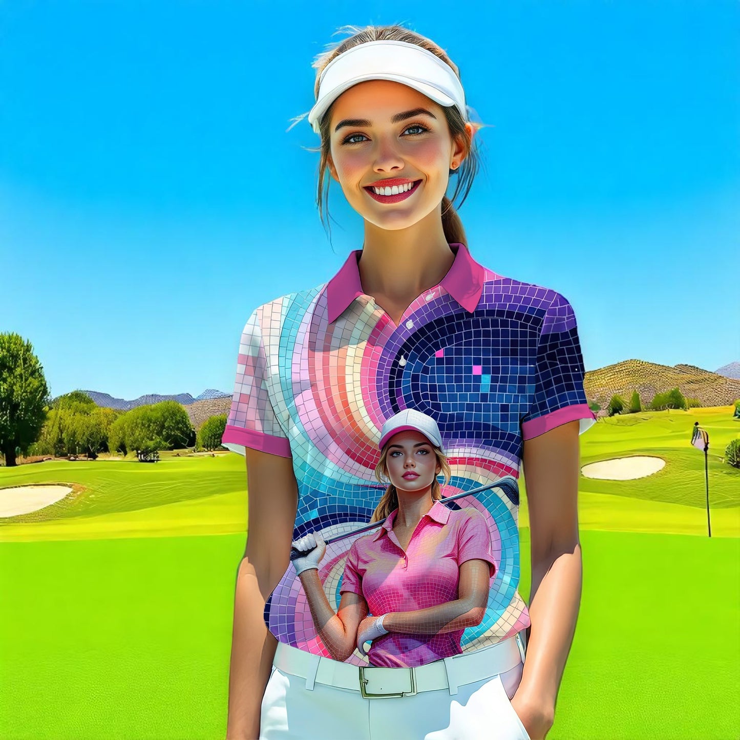 Custom Face Artistic Golf Polo Shirt for Women - Mosaic Design Style 1
