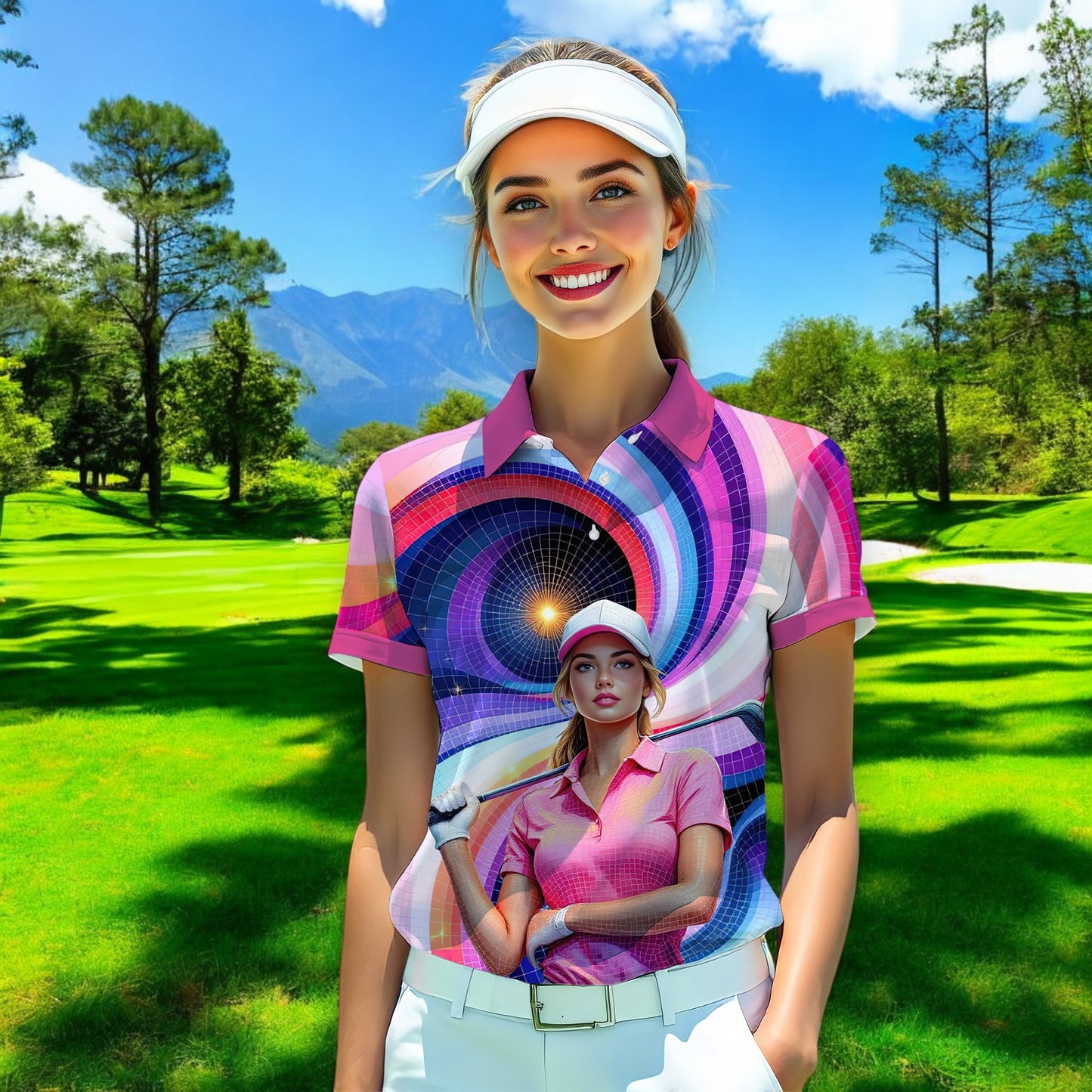Custom Face Artistic Golf Polo Shirt for Women - Mosaic Design Style 9