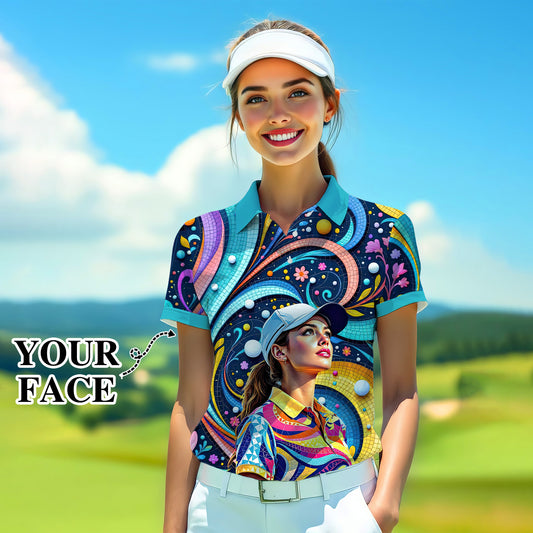 Custom Face Artistic Golf Polo Shirt for Women - Mosaic Design Style 15