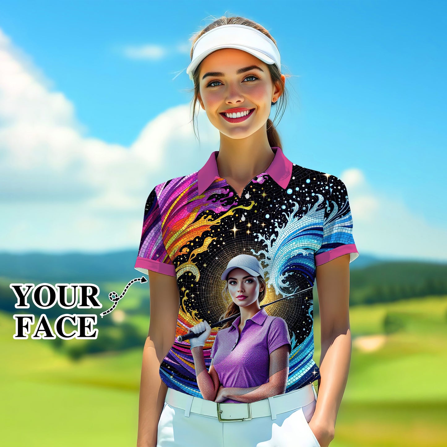 Custom Face Artistic Golf Polo Shirt for Women - Mosaic Design Style 6