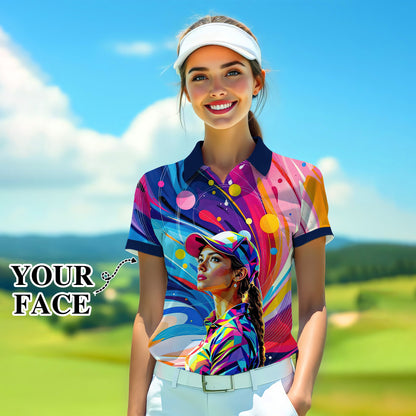 Custom Face Artistic Golf Polo Shirt for Women - Mosaic Design Style 27
