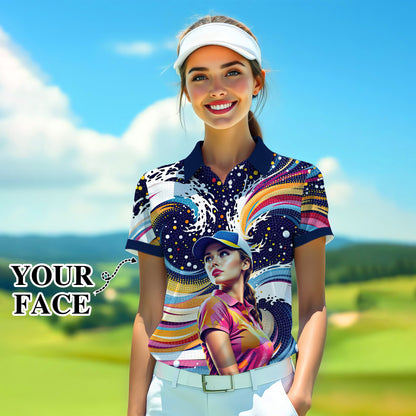 Custom Face Artistic Golf Polo Shirt for Women - Mosaic Design Style 22