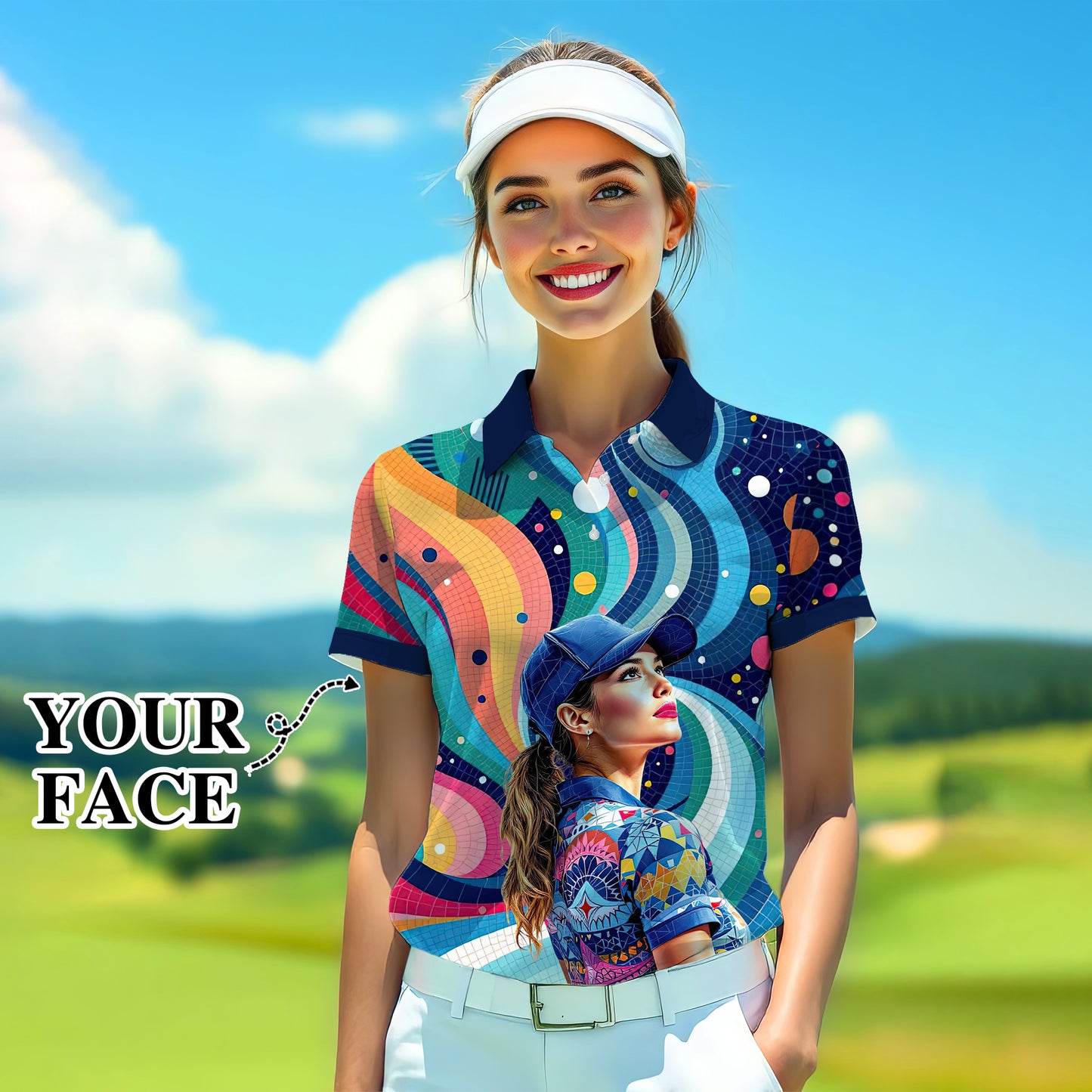Custom Face Artistic Golf Polo Shirt for Women - Mosaic Design Style 26