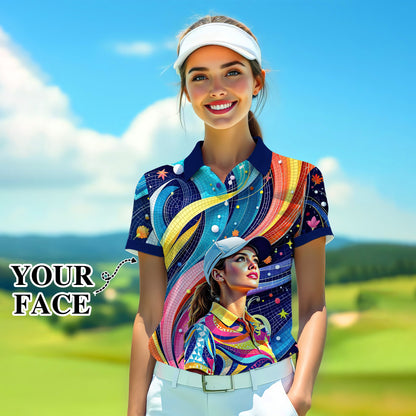 Custom Face Artistic Golf Polo Shirt for Women - Mosaic Design Style 16